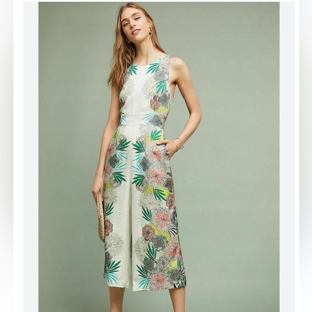 Anthropologie Cream Floral Sleeveless Jumpsuit